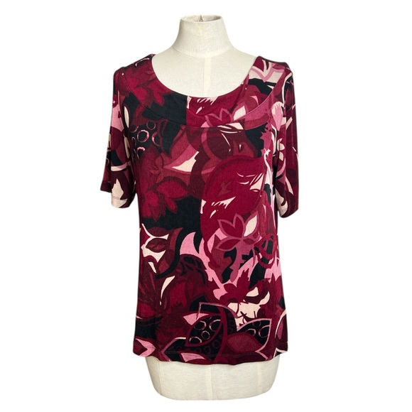 Chico’s Travelers Burgundy & Pink Floral Blouse – Stretch Acetate Blend - Picture 1 of 6